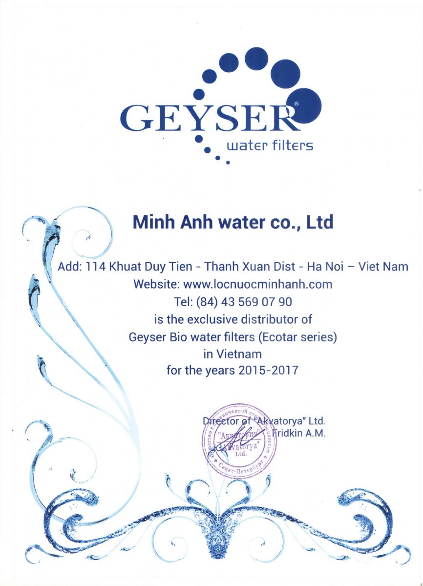 Chứng nhận phân phối độc quyền Geyser Ecotar